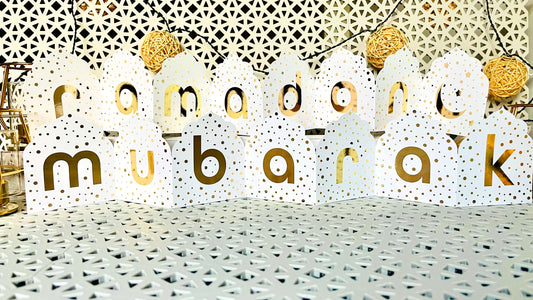 Decorative banner with 'ramadan mubarak' text on a textured surface.